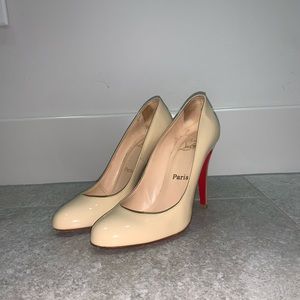 Christian Louboutin beige round toe stiletto pump, 4 inches tall.